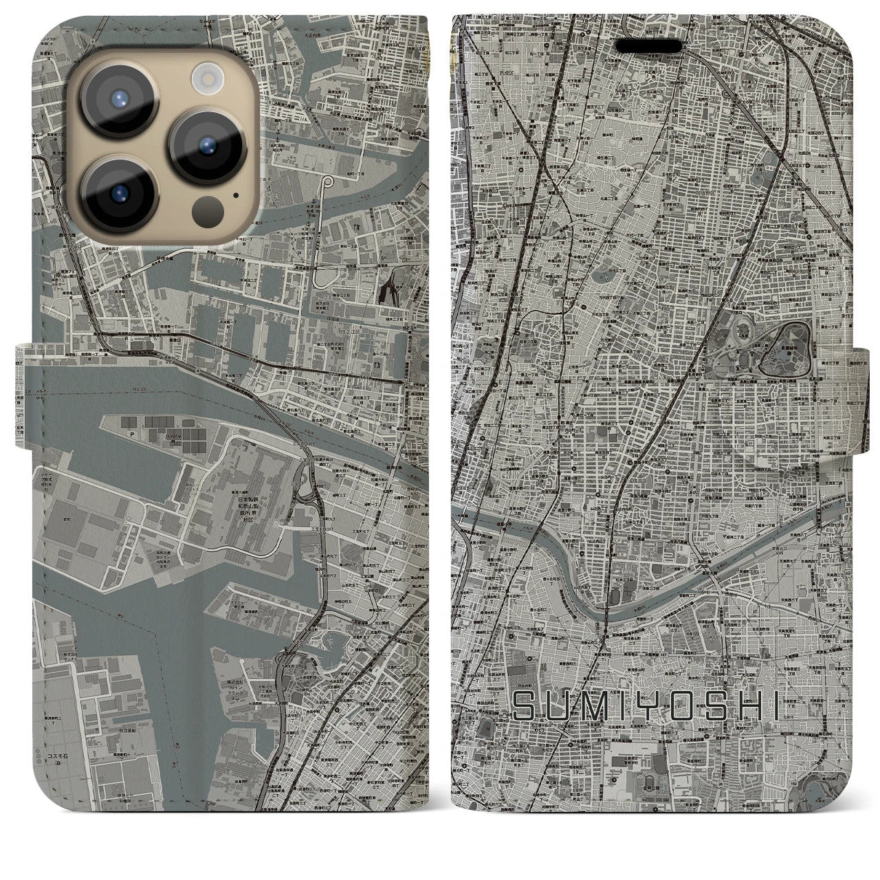 【住吉(大阪府)】地図柄iPhoneケース(手帳タイプ)モノトーン・iPhone 14 Pro Max 用