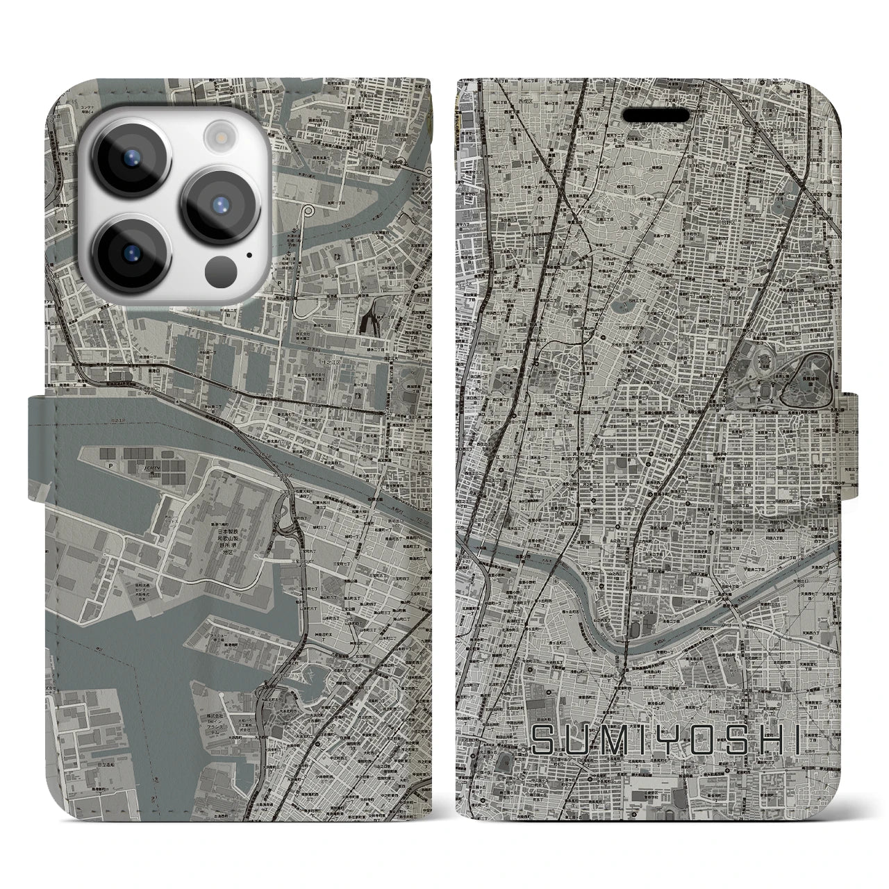 【住吉(大阪府)】地図柄iPhoneケース(手帳タイプ)モノトーン・iPhone 14 Pro 用