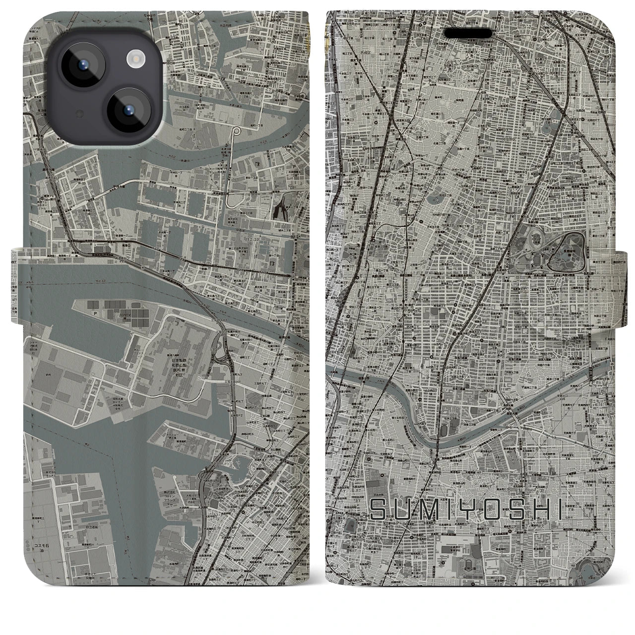 【住吉(大阪府)】地図柄iPhoneケース(手帳タイプ)モノトーン・iPhone 14 Plus 用