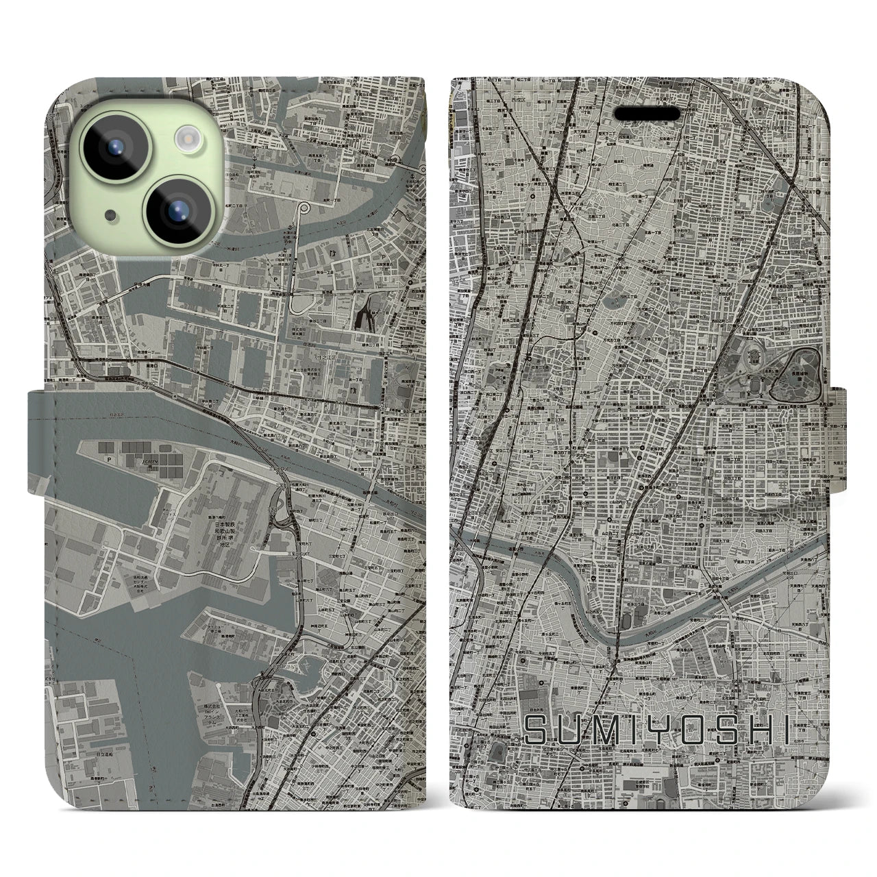 【住吉(大阪府)】地図柄iPhoneケース(手帳タイプ)モノトーン・iPhone 15 用