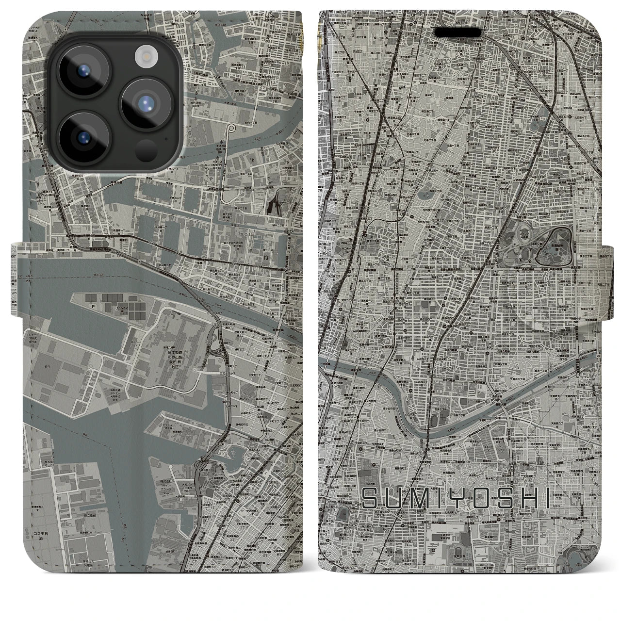 【住吉(大阪府)】地図柄iPhoneケース(手帳タイプ)モノトーン・iPhone 15 Pro Max 用