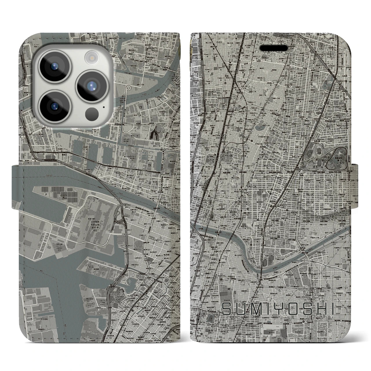 【住吉(大阪府)】地図柄iPhoneケース(手帳タイプ)モノトーン・iPhone 15 Pro 用