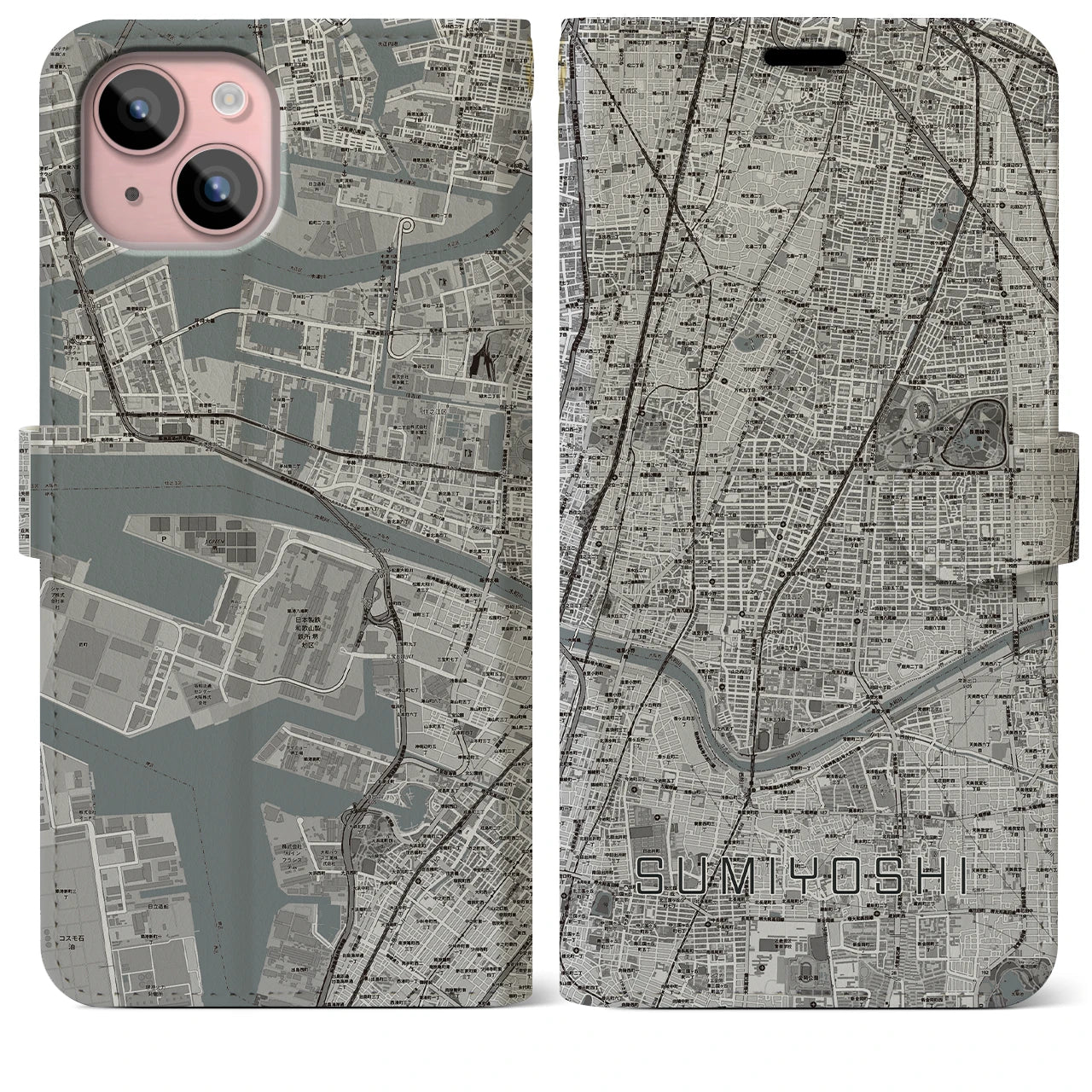 【住吉(大阪府)】地図柄iPhoneケース(手帳タイプ)モノトーン・iPhone 15 Plus 用