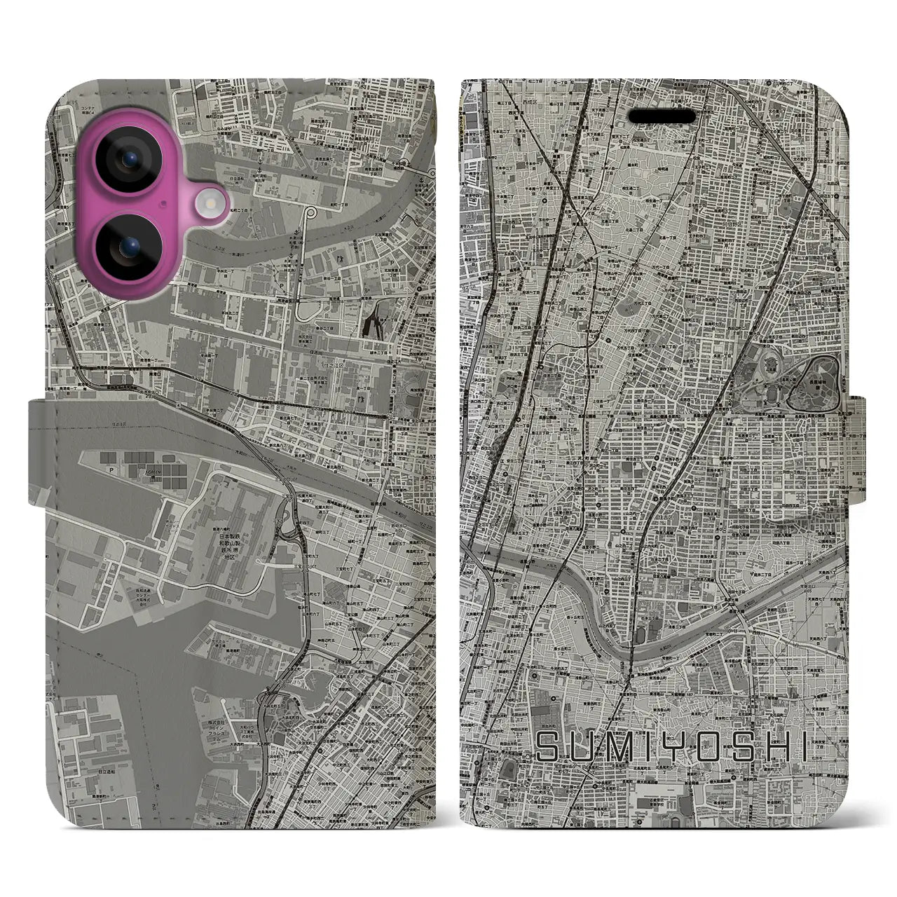 【住吉(大阪府)】地図柄iPhoneケース(手帳タイプ)モノトーン・iPhone 16 Pro 用