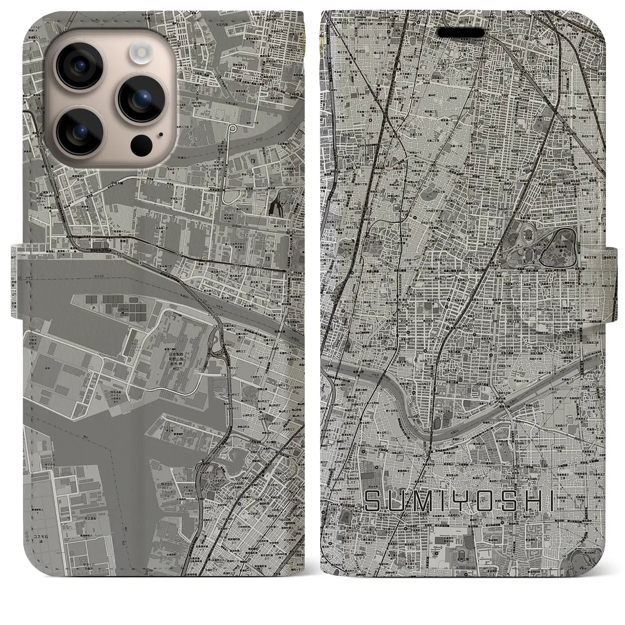 【住吉(大阪府)】地図柄iPhoneケース(手帳タイプ)モノトーン・iPhone 16 Plus 用