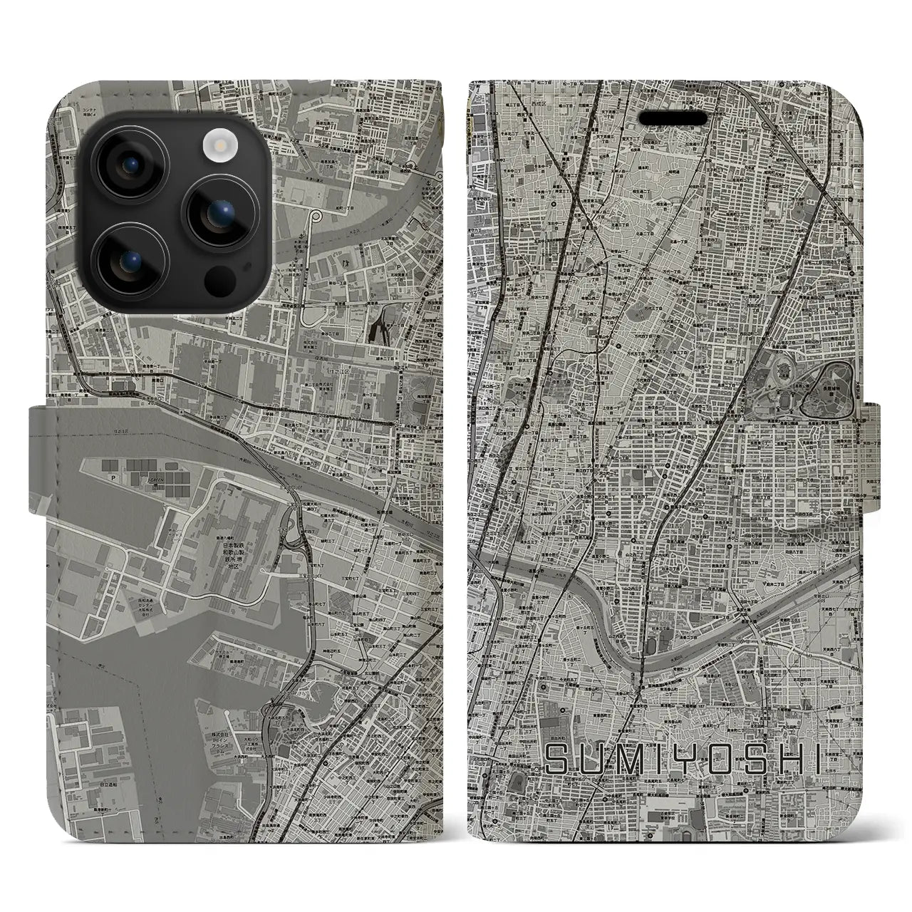 【住吉(大阪府)】地図柄iPhoneケース(手帳タイプ)モノトーン・iPhone 16 用