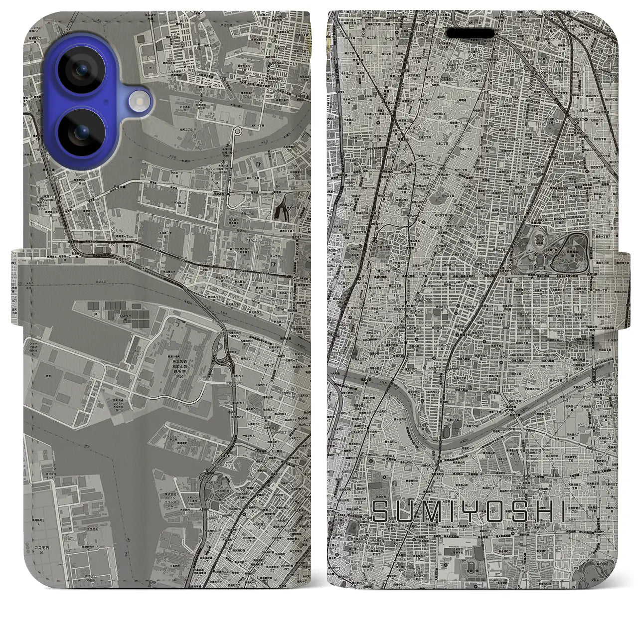 【住吉(大阪府)】地図柄iPhoneケース(手帳タイプ)