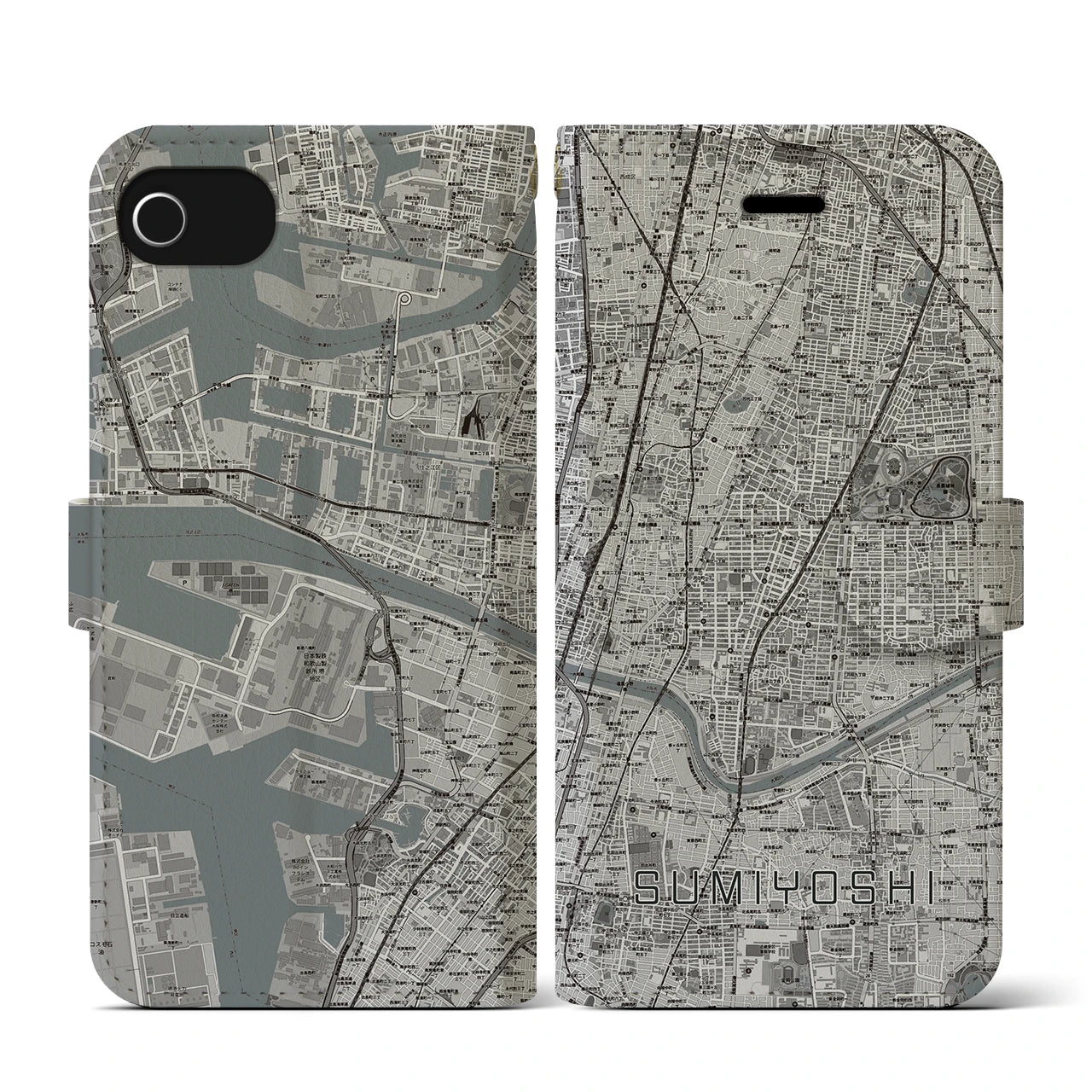 【住吉(大阪府)】地図柄iPhoneケース(手帳タイプ)モノトーン・iPhone SE(第3 / 第2世代) / 8 / 7 / 6s / 6 用