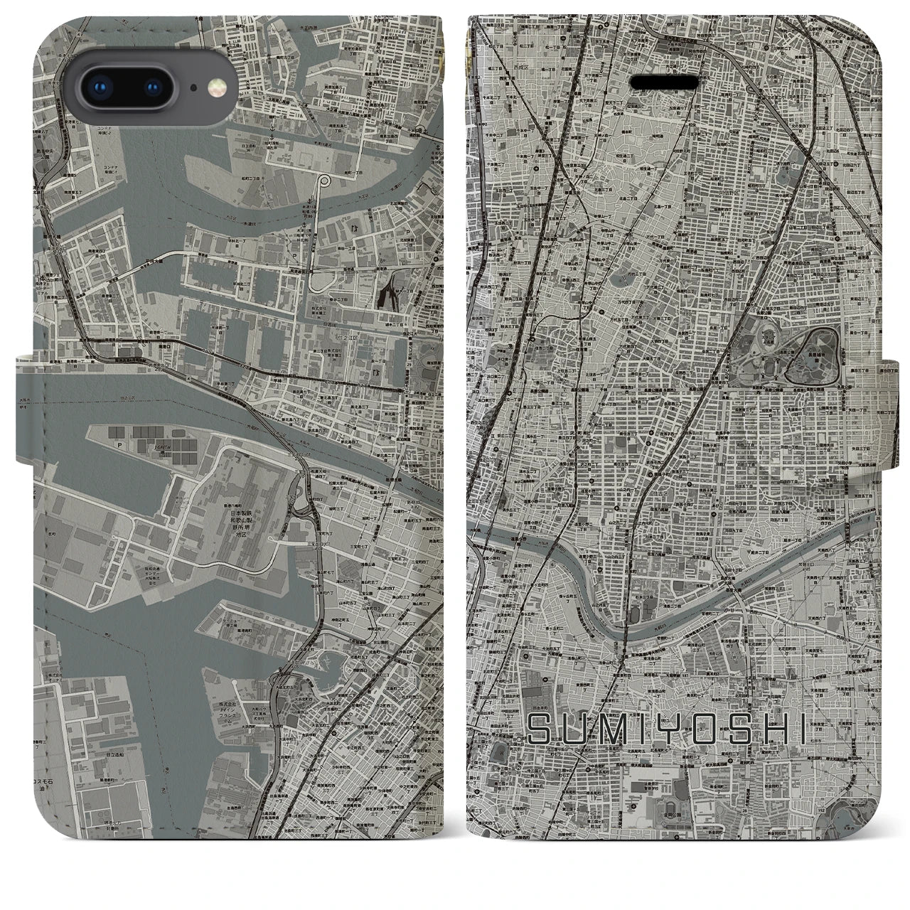 【住吉(大阪府)】地図柄iPhoneケース(手帳タイプ)モノトーン・iPhone 8Plus /7Plus / 6sPlus / 6Plus 用