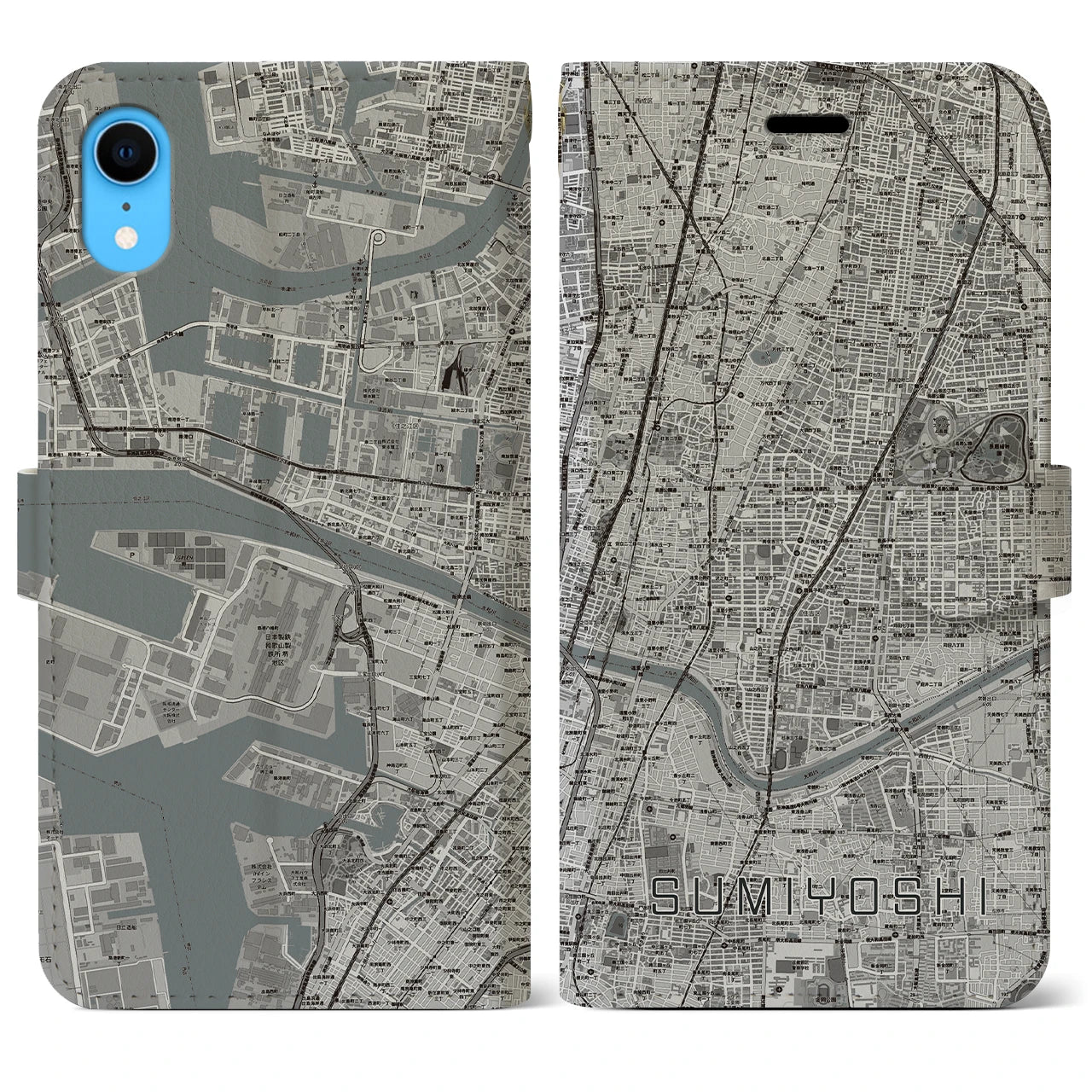 【住吉(大阪府)】地図柄iPhoneケース(手帳タイプ)モノトーン・iPhone XR 用
