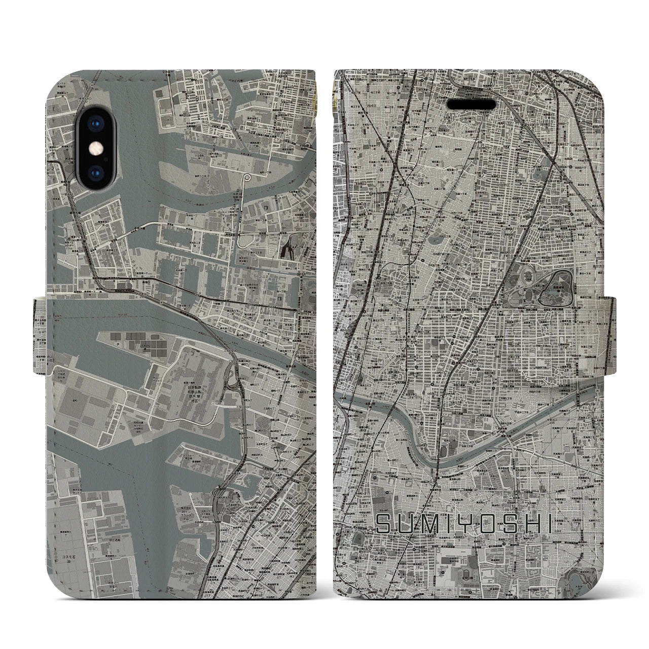 【住吉(大阪府)】地図柄iPhoneケース(手帳タイプ)モノトーン・iPhone XS / X 用