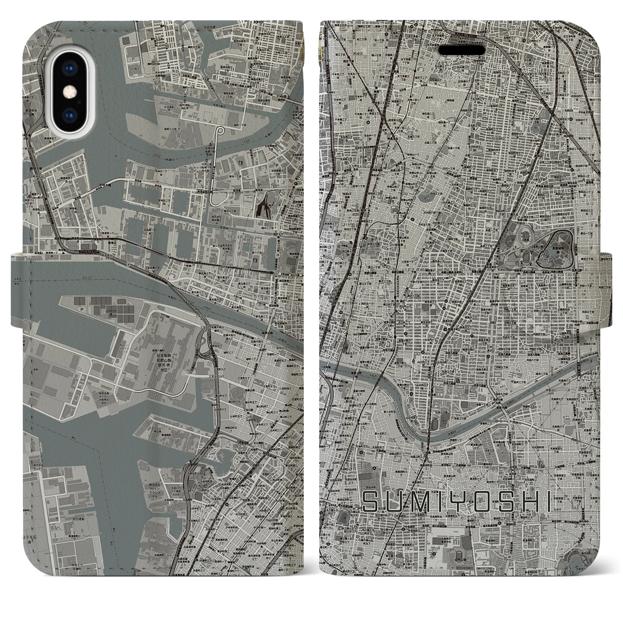 【住吉(大阪府)】地図柄iPhoneケース(手帳タイプ)モノトーン・iPhone XS Max 用