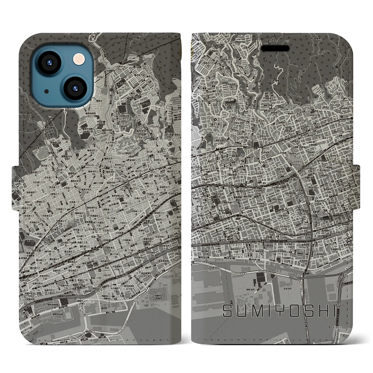 【住吉(兵庫県)】地図柄iPhoneケース(手帳タイプ)