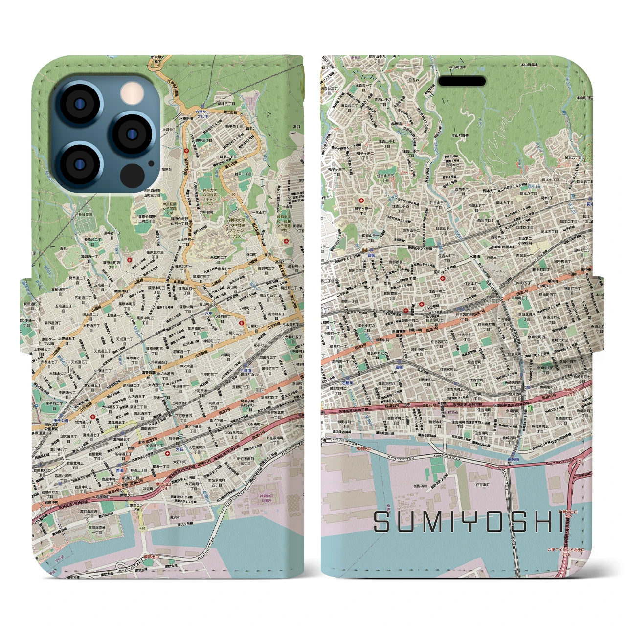 【住吉(兵庫県)】地図柄iPhoneケース(手帳タイプ)