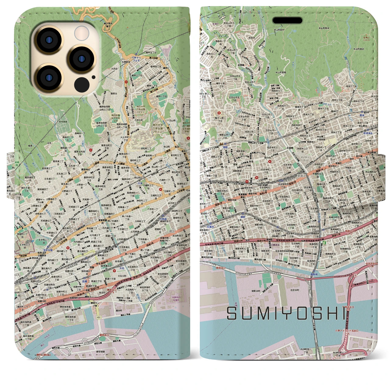 【住吉(兵庫県)】地図柄iPhoneケース(手帳タイプ)