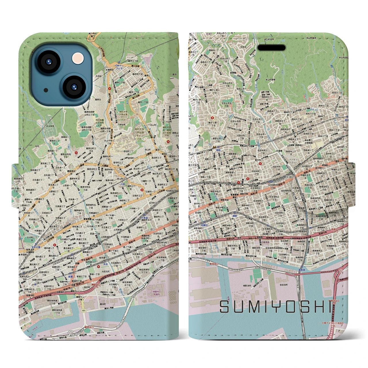 【住吉(兵庫県)】地図柄iPhoneケース(手帳タイプ)
