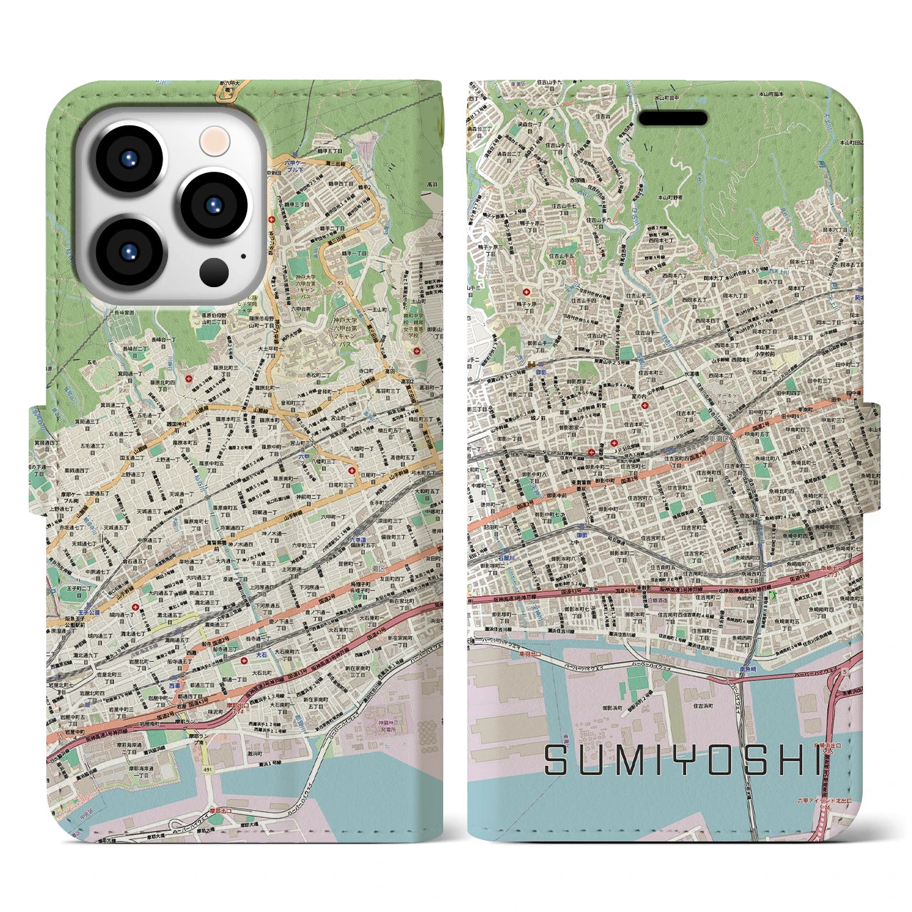 【住吉(兵庫県)】地図柄iPhoneケース(手帳タイプ)