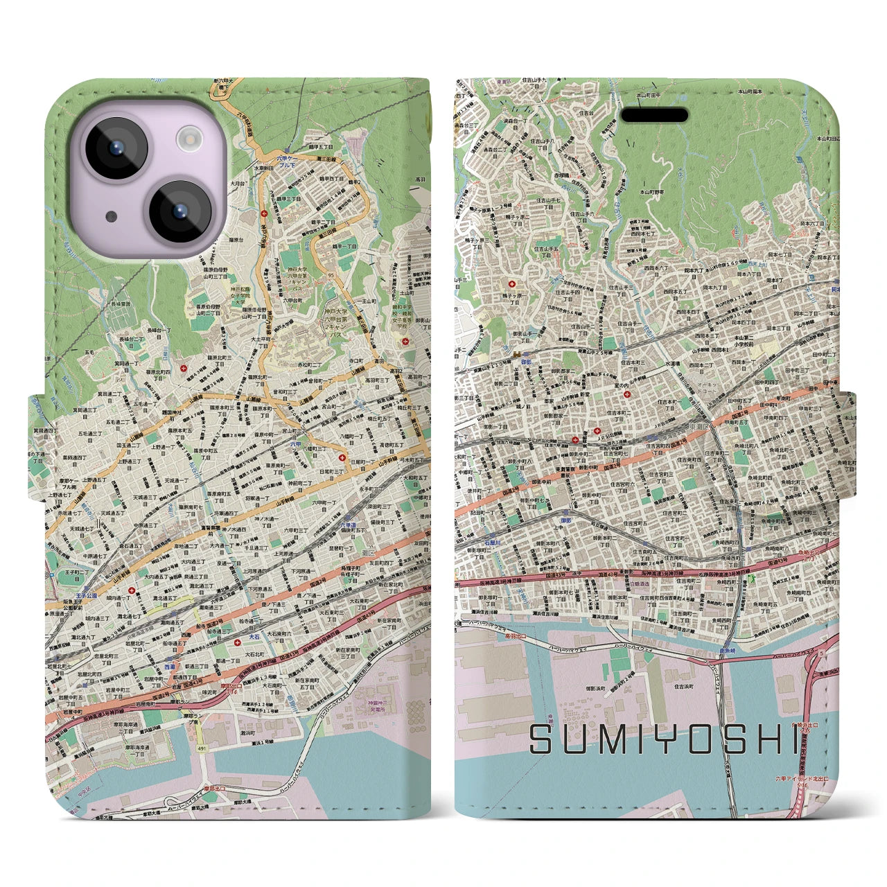 【住吉(兵庫県)】地図柄iPhoneケース(手帳タイプ)