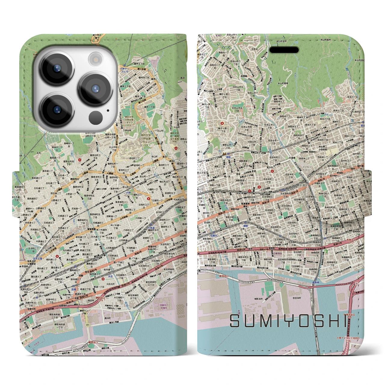 【住吉(兵庫県)】地図柄iPhoneケース(手帳タイプ)