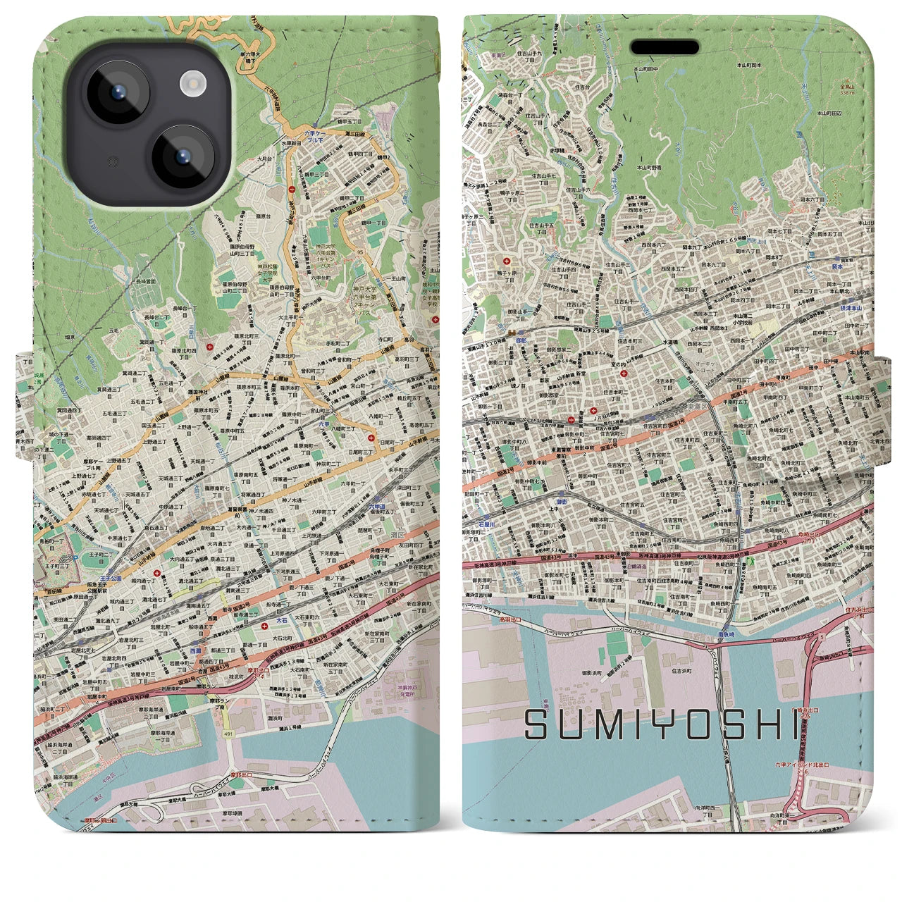 【住吉(兵庫県)】地図柄iPhoneケース(手帳タイプ)