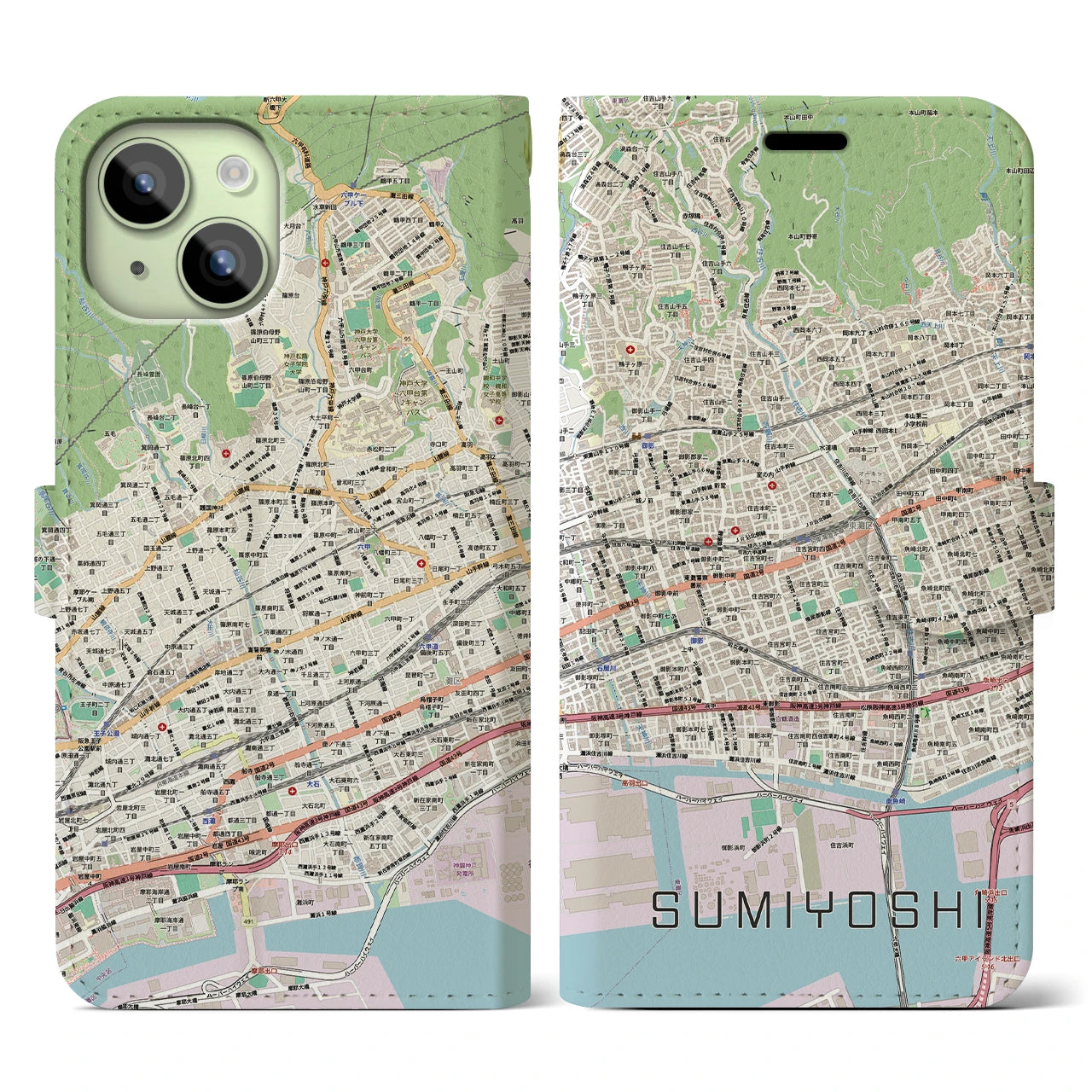 【住吉(兵庫県)】地図柄iPhoneケース(手帳タイプ)
