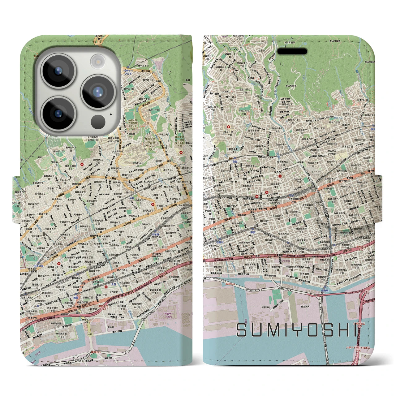 【住吉(兵庫県)】地図柄iPhoneケース(手帳タイプ)