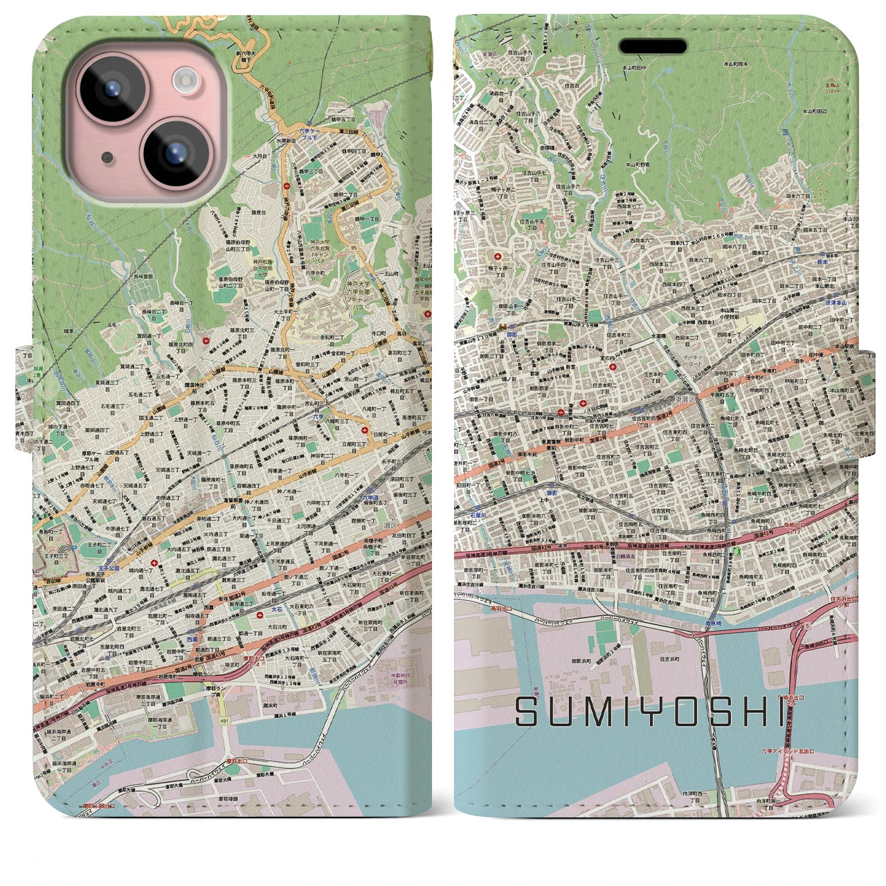 【住吉(兵庫県)】地図柄iPhoneケース(手帳タイプ)