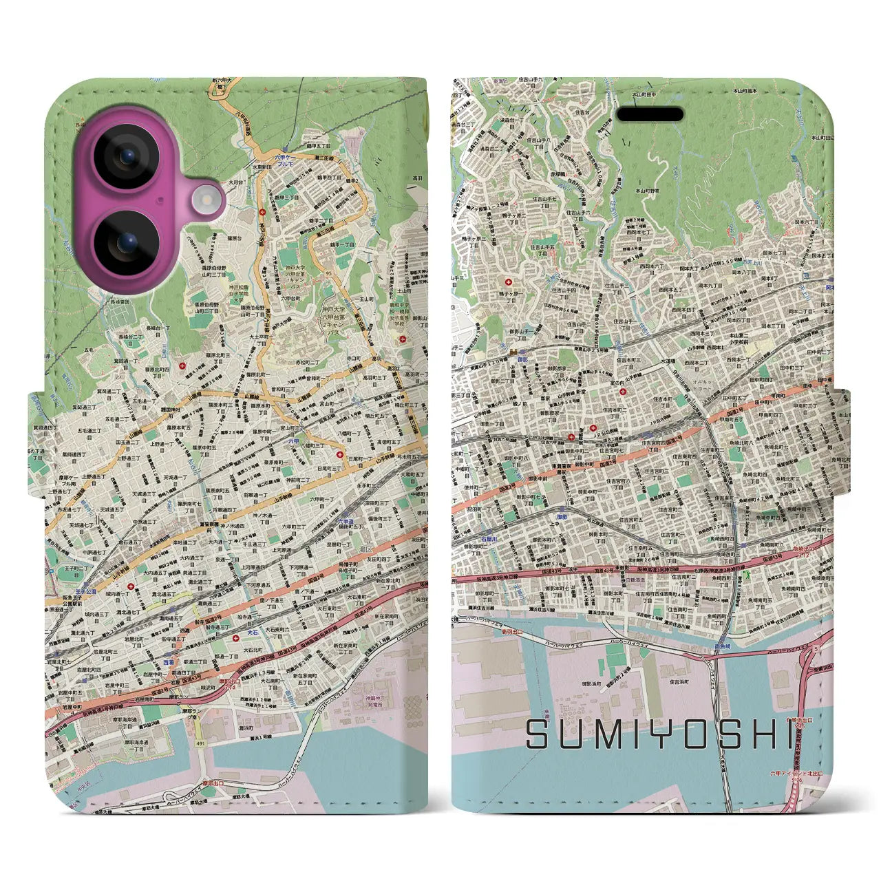 【住吉(兵庫県)】地図柄iPhoneケース(手帳タイプ)