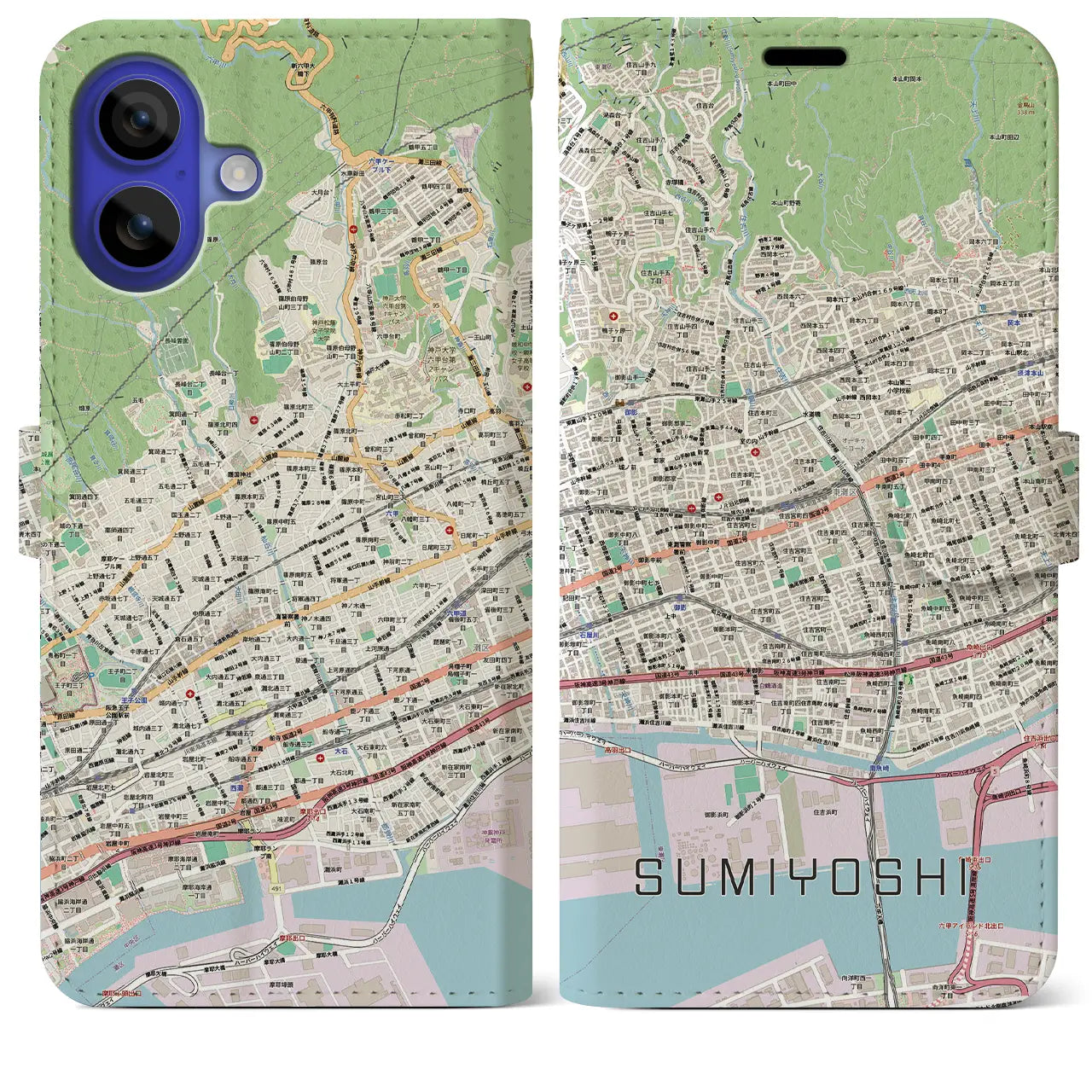 【住吉(兵庫県)】地図柄iPhoneケース(手帳タイプ)モノトーン・iPhone 16 Pro Max 用