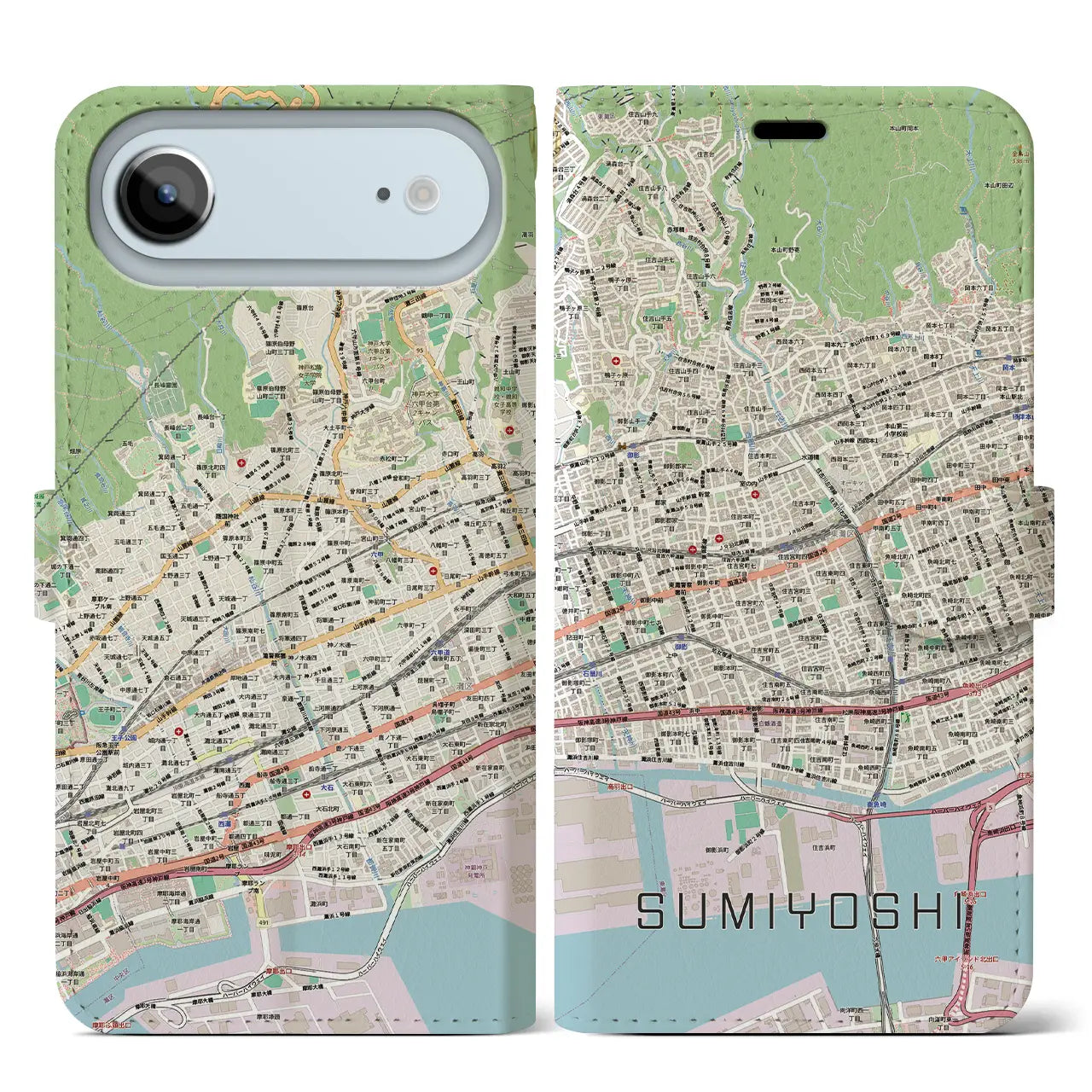 【住吉(兵庫県)】地図柄iPhoneケース(手帳タイプ)