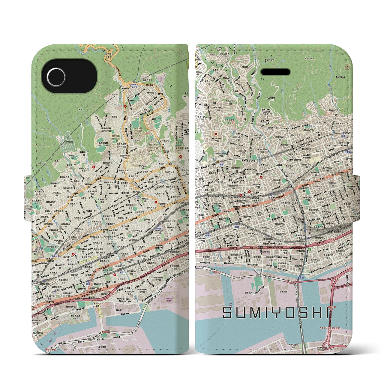 【住吉(兵庫県)】地図柄iPhoneケース(手帳タイプ)