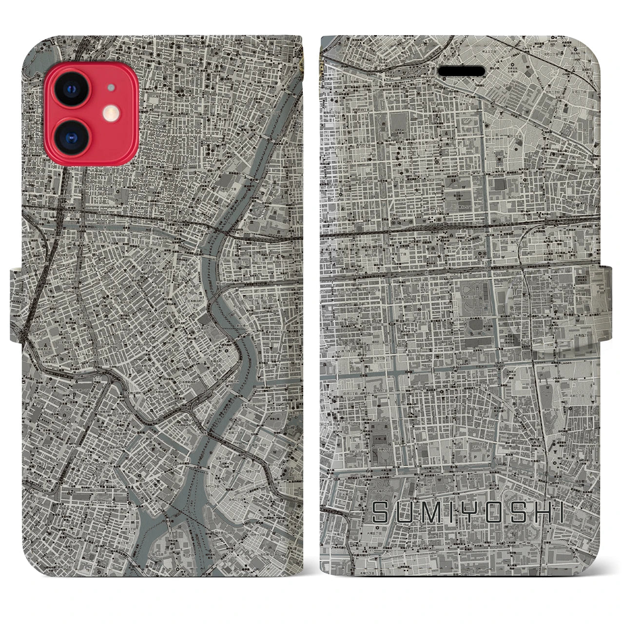【住吉(東京都)】地図柄iPhoneケース(手帳タイプ)モノトーン・iPhone 11 用