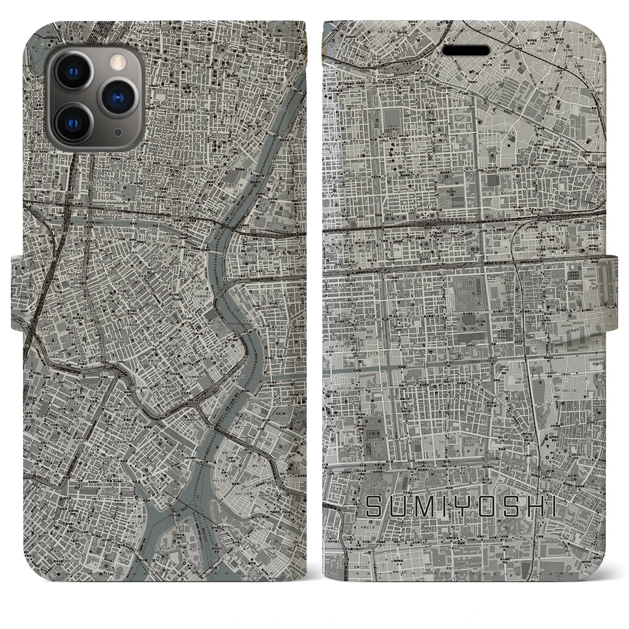 【住吉(東京都)】地図柄iPhoneケース(手帳タイプ)モノトーン・iPhone 11 Pro Max 用