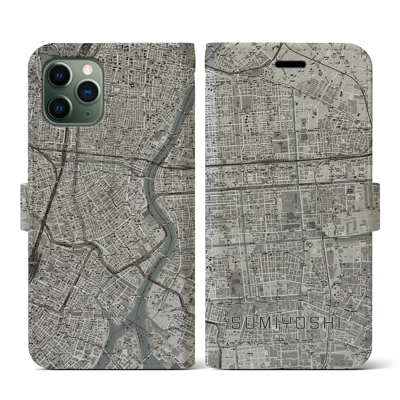 【住吉(東京都)】地図柄iPhoneケース(手帳タイプ)モノトーン・iPhone 11 Pro 用