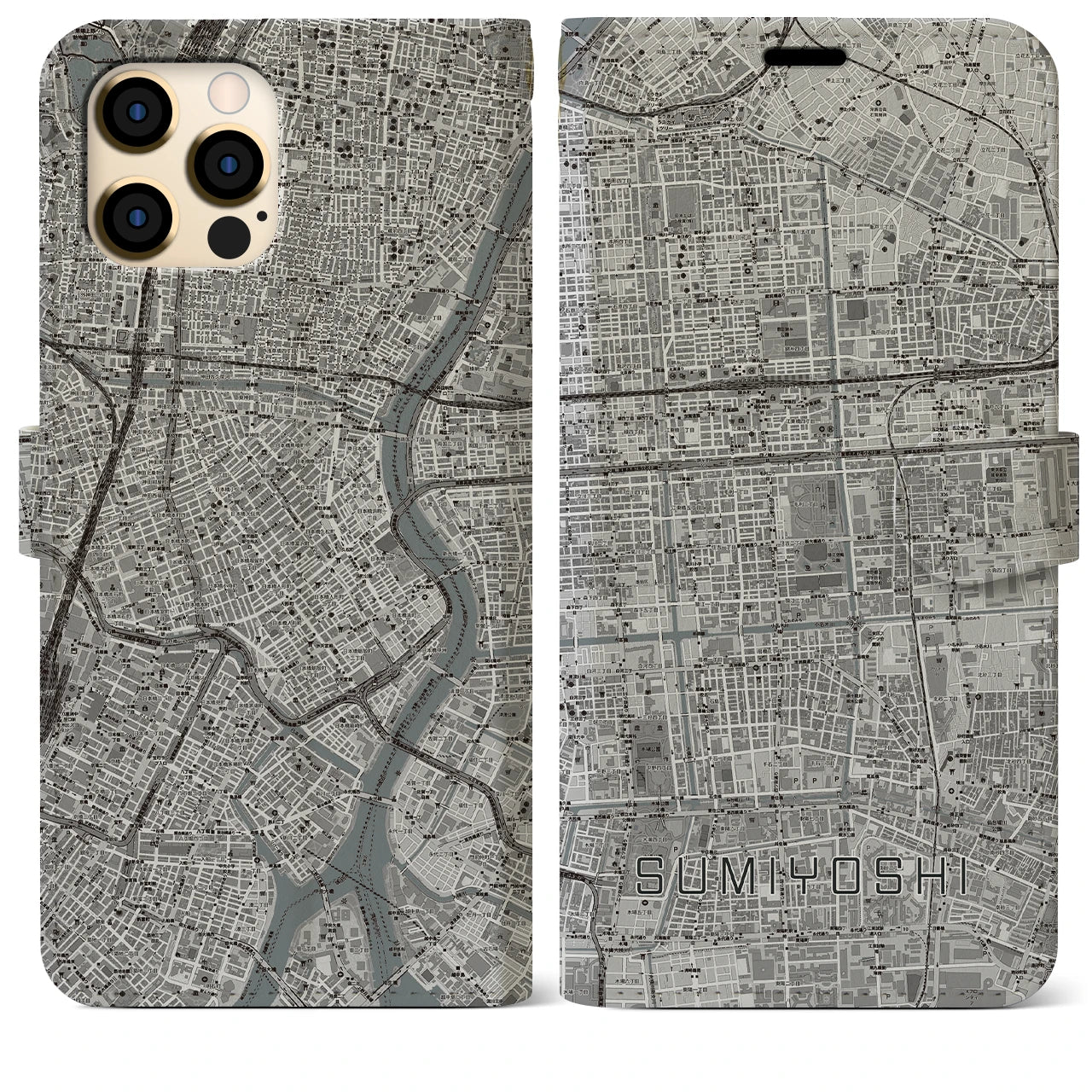 【住吉(東京都)】地図柄iPhoneケース(手帳タイプ)モノトーン・iPhone 12 Pro Max 用