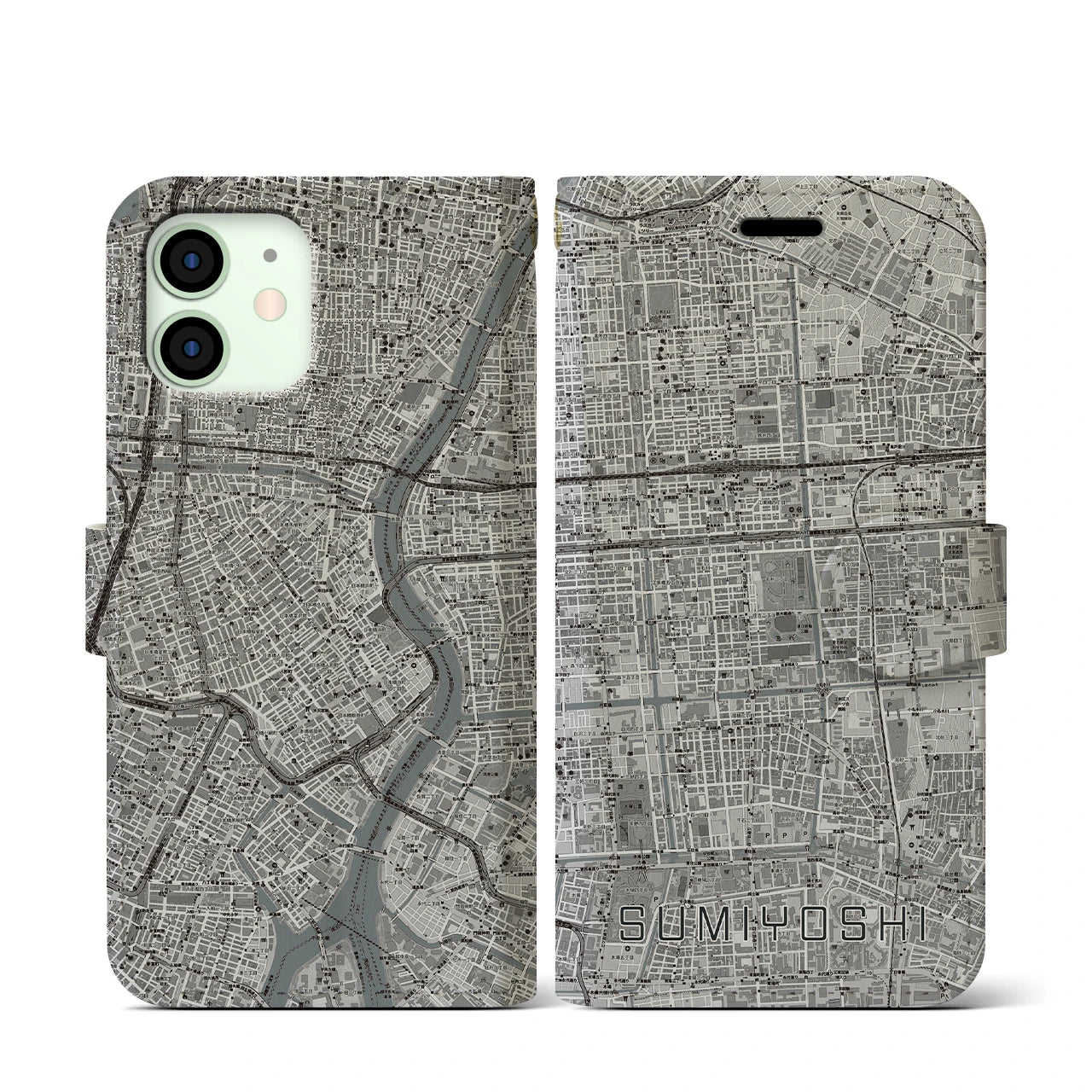 【住吉(東京都)】地図柄iPhoneケース(手帳タイプ)モノトーン・iPhone 12 mini 用