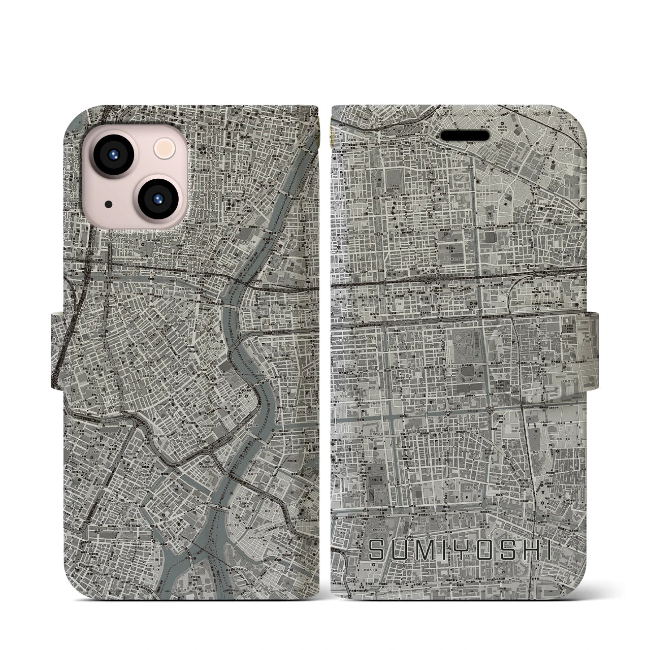 【住吉(東京都)】地図柄iPhoneケース(手帳タイプ)モノトーン・iPhone 13 mini 用