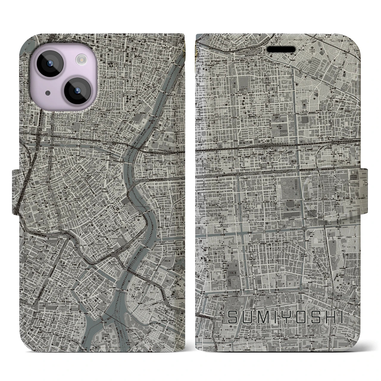 【住吉(東京都)】地図柄iPhoneケース(手帳タイプ)モノトーン・iPhone 14 用