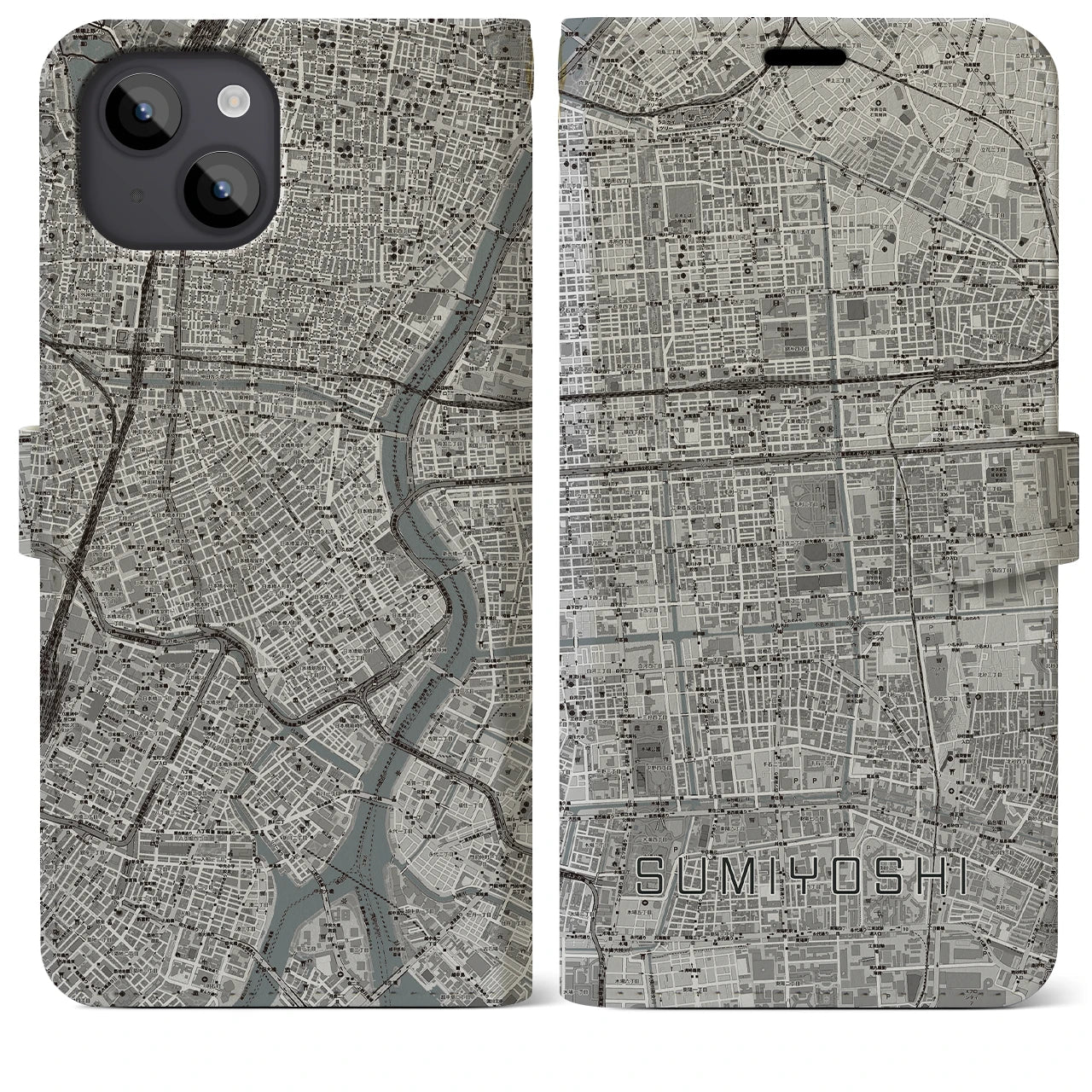 【住吉(東京都)】地図柄iPhoneケース(手帳タイプ)モノトーン・iPhone 14 Plus 用