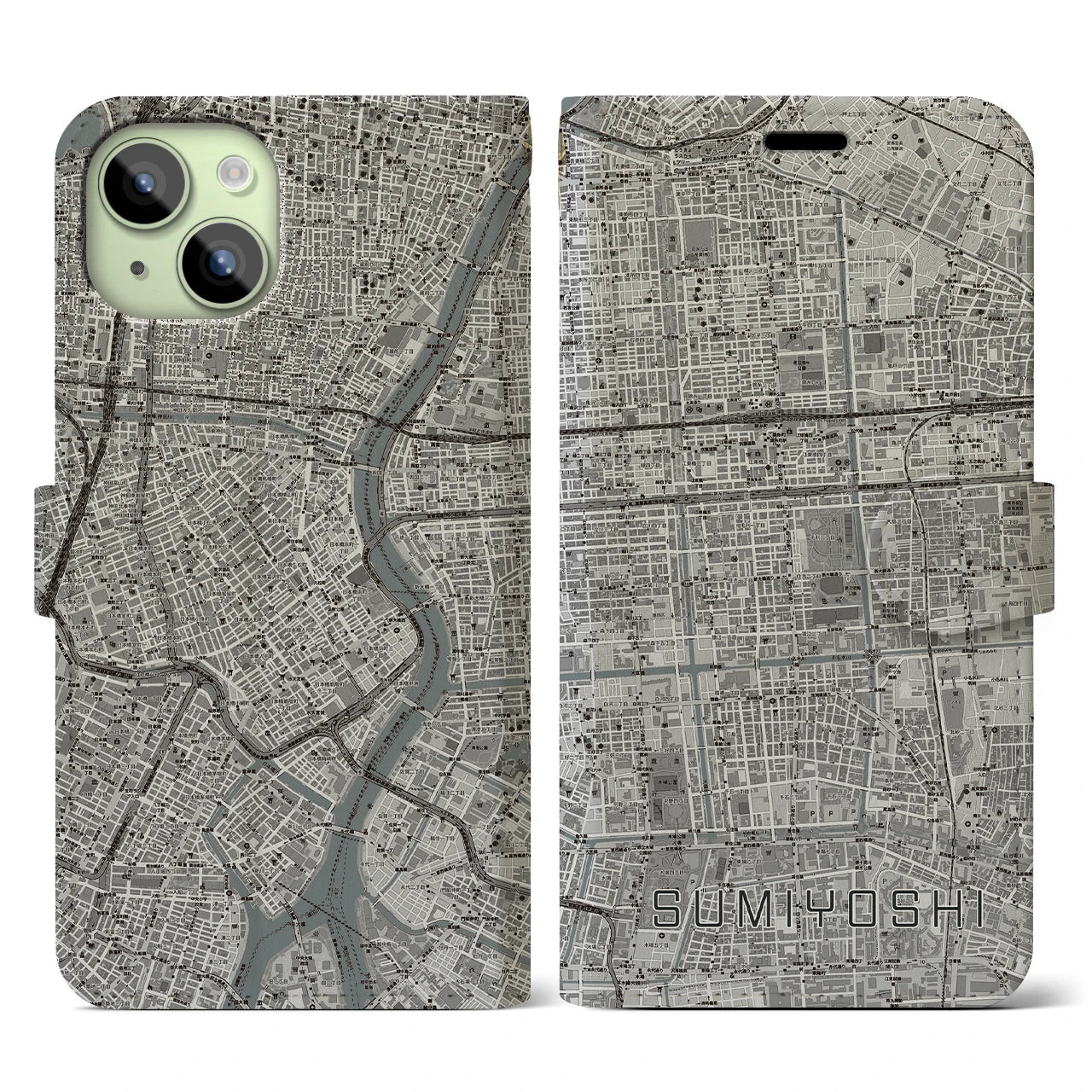 【住吉(東京都)】地図柄iPhoneケース(手帳タイプ)モノトーン・iPhone 15 用