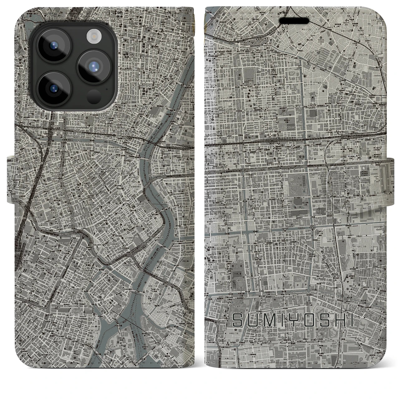 【住吉(東京都)】地図柄iPhoneケース(手帳タイプ)モノトーン・iPhone 15 Pro Max 用