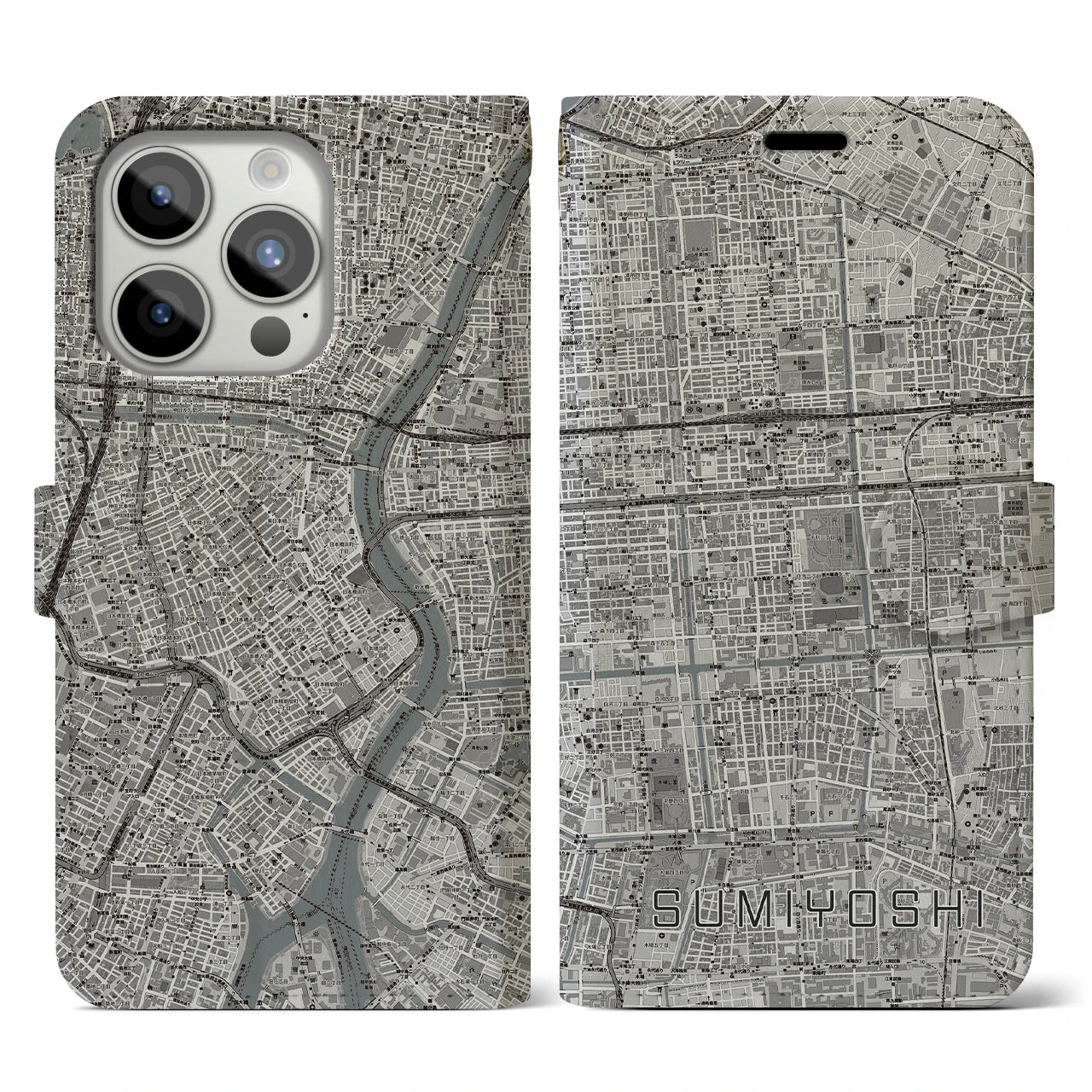 【住吉(東京都)】地図柄iPhoneケース(手帳タイプ)モノトーン・iPhone 15 Pro 用