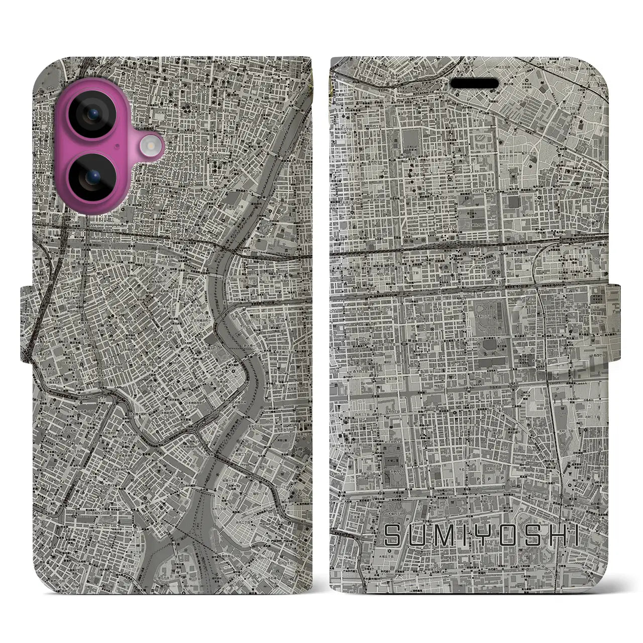 【住吉(東京都)】地図柄iPhoneケース(手帳タイプ)モノトーン・iPhone 16 Pro 用