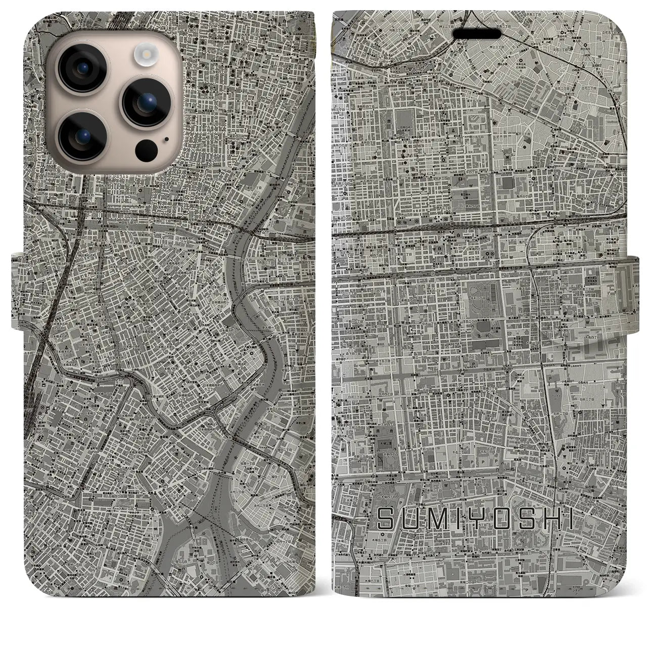 【住吉(東京都)】地図柄iPhoneケース(手帳タイプ)モノトーン・iPhone 16 Plus 用