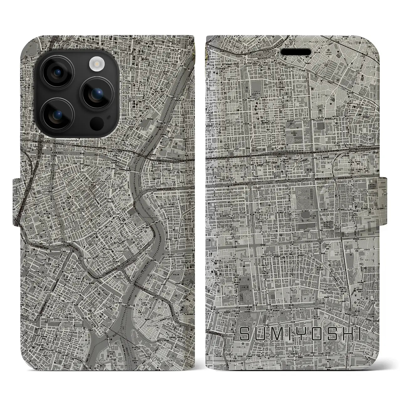 【住吉(東京都)】地図柄iPhoneケース(手帳タイプ)モノトーン・iPhone 16 用