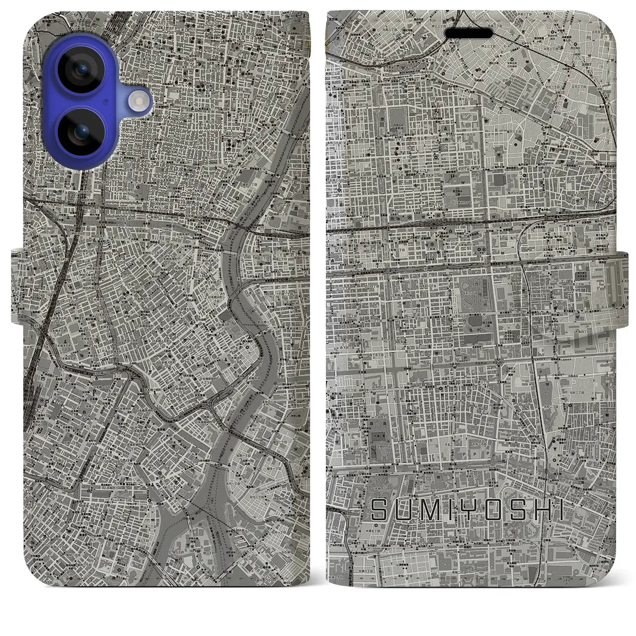 【住吉(東京都)】地図柄iPhoneケース(手帳タイプ)モノトーン・iPhone 16 Pro Max 用
