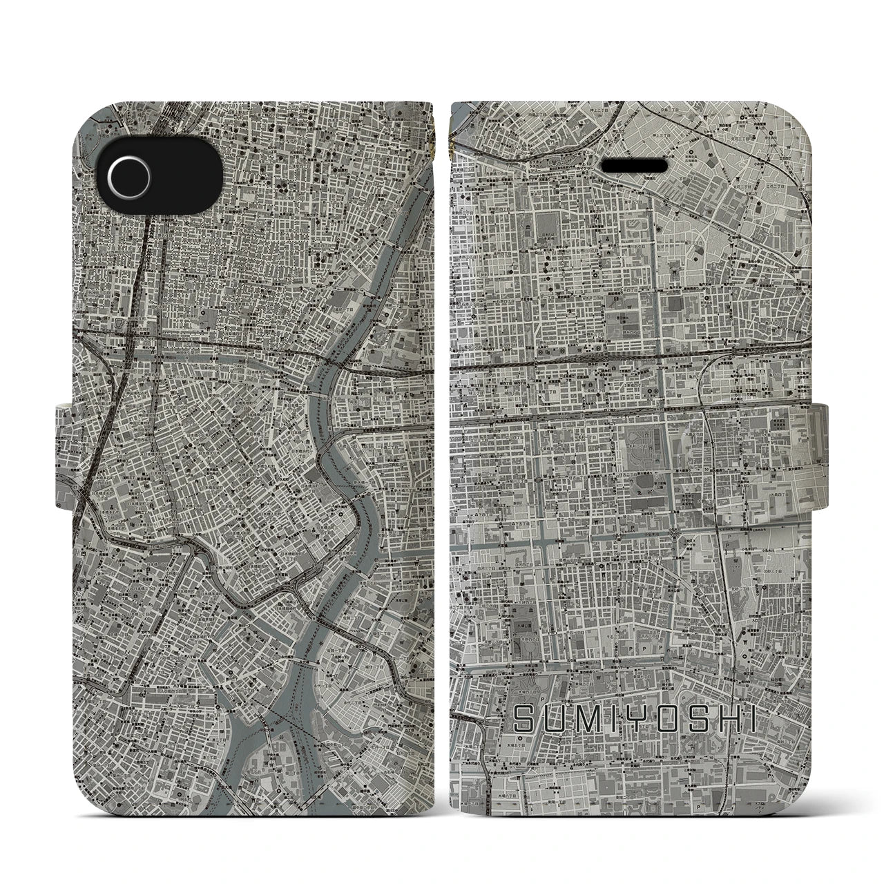 【住吉(東京都)】地図柄iPhoneケース(手帳タイプ)モノトーン・iPhone SE(第3 / 第2世代) / 8 / 7 / 6s / 6 用