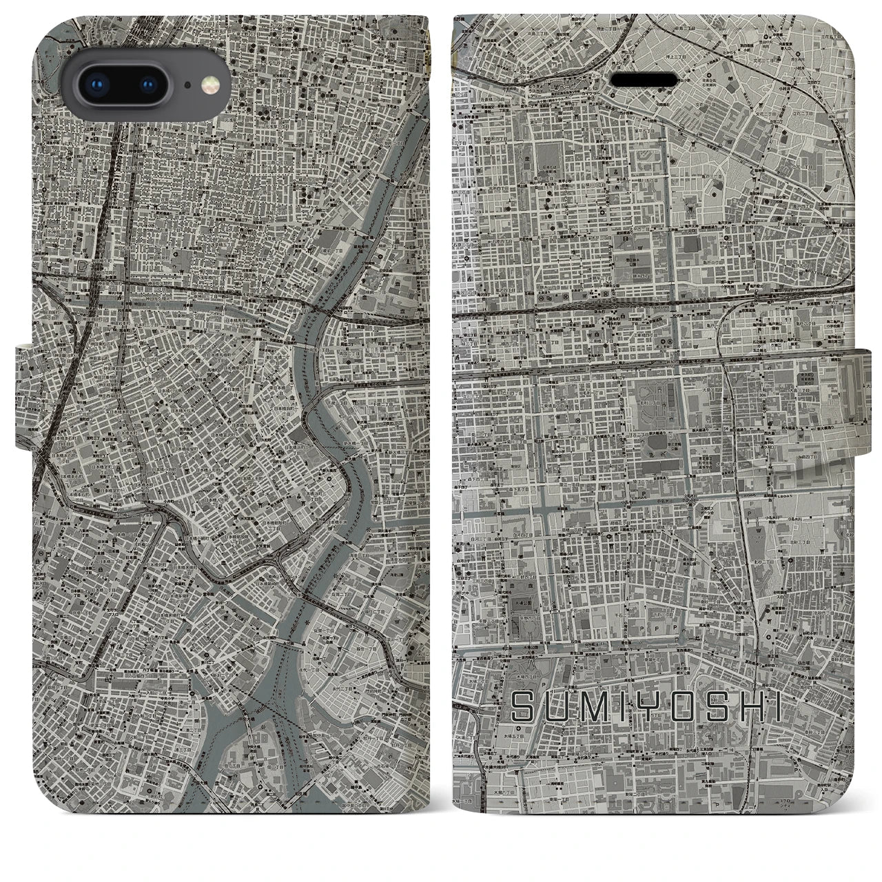 【住吉(東京都)】地図柄iPhoneケース(手帳タイプ)モノトーン・iPhone 8Plus /7Plus / 6sPlus / 6Plus 用