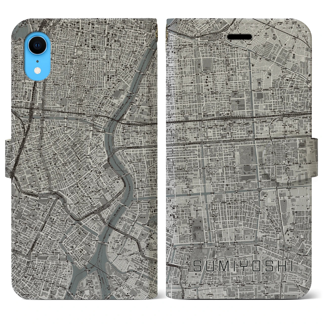 【住吉(東京都)】地図柄iPhoneケース(手帳タイプ)モノトーン・iPhone XR 用