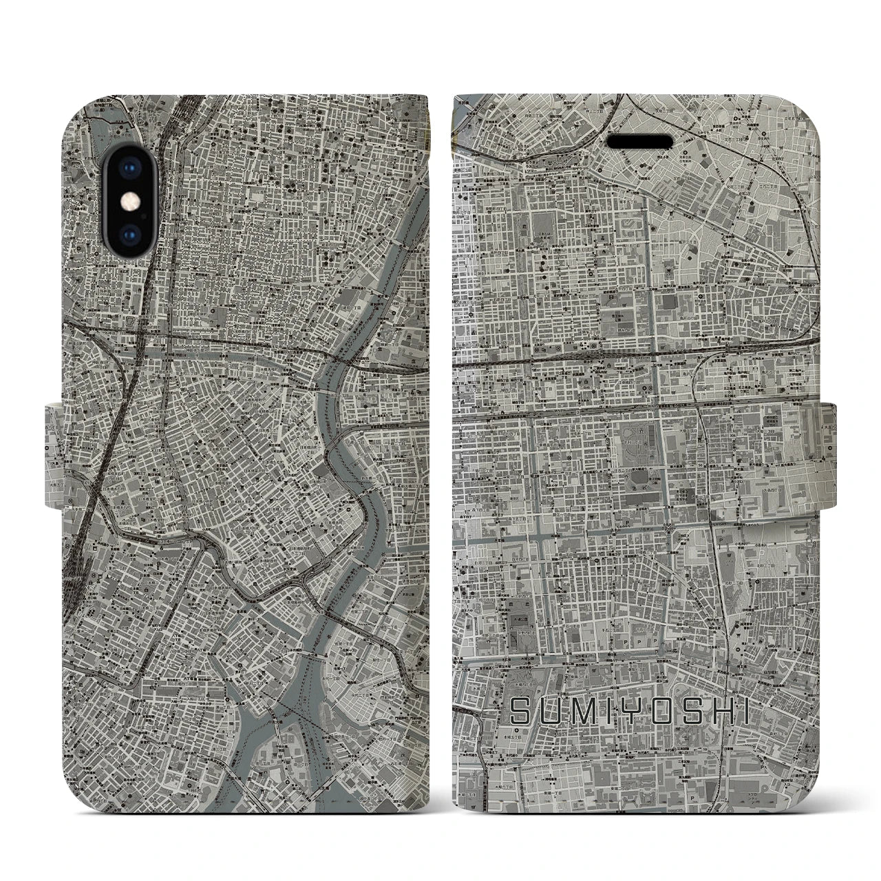 【住吉(東京都)】地図柄iPhoneケース(手帳タイプ)モノトーン・iPhone XS / X 用